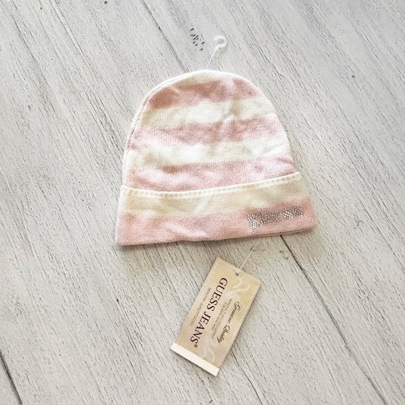 New GUESS Women’s Pink Ivory Striped Beanie Hat Cuffed Bling Logo One Size - Picture 1 of 5